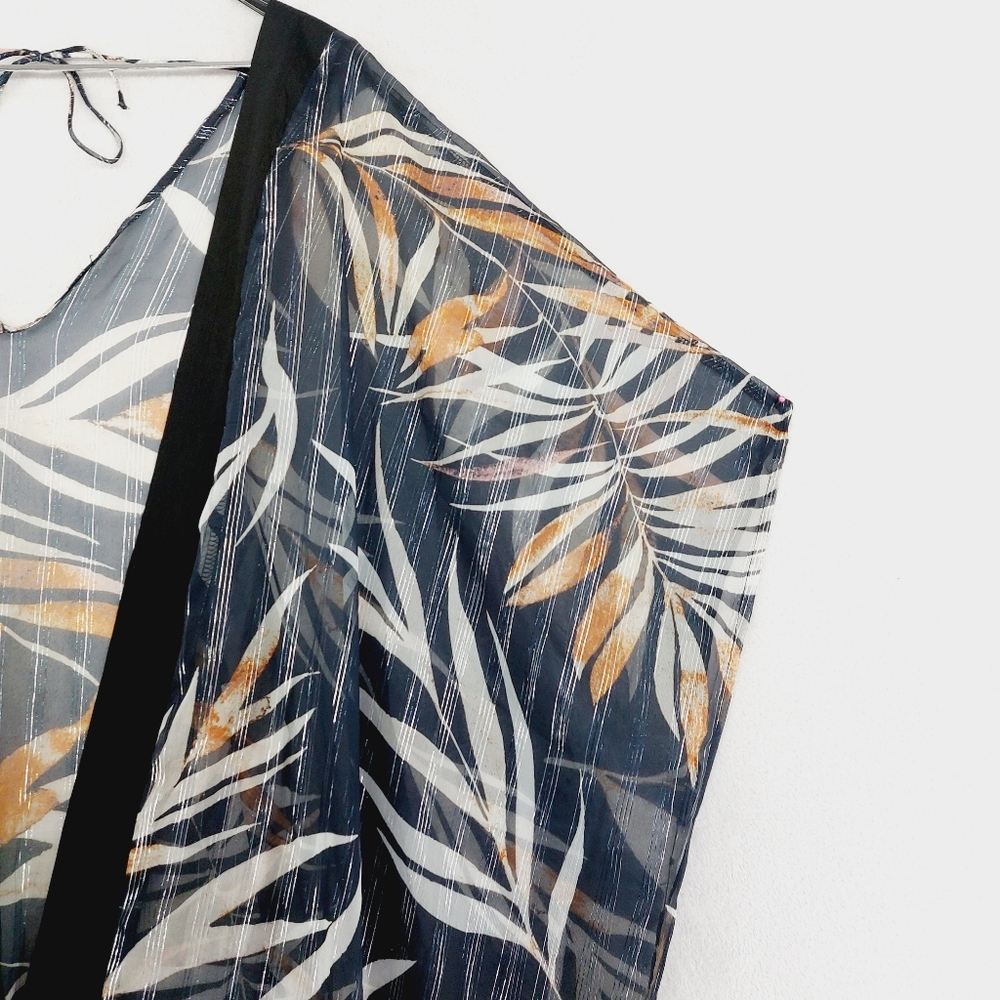 New Boutique Tropical Leaf Print Open Front Cradigan Top P4734 - Picture 4 of 6